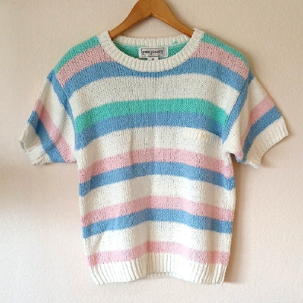 Vintage Lord Isaacs Pastel Striped Spring Sweater Short Sleeve